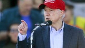 U.S. Senator Jeff Sessions speaks to supporters of U.S. Republican presidential candidate Donald Trump after he endorsed Trump at a rally at Madison City Schools Stadium in Madison, Alabama February 28, 2016. REUTERS/Marvin Gentry - RTS8GCO